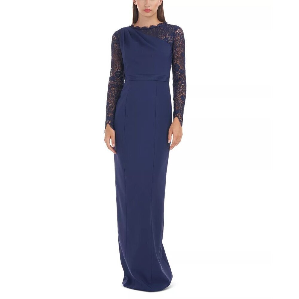 JS Collections Womens Size 4 Stretch Crepe Lace-Sleeve Gown Dress in Blue $299